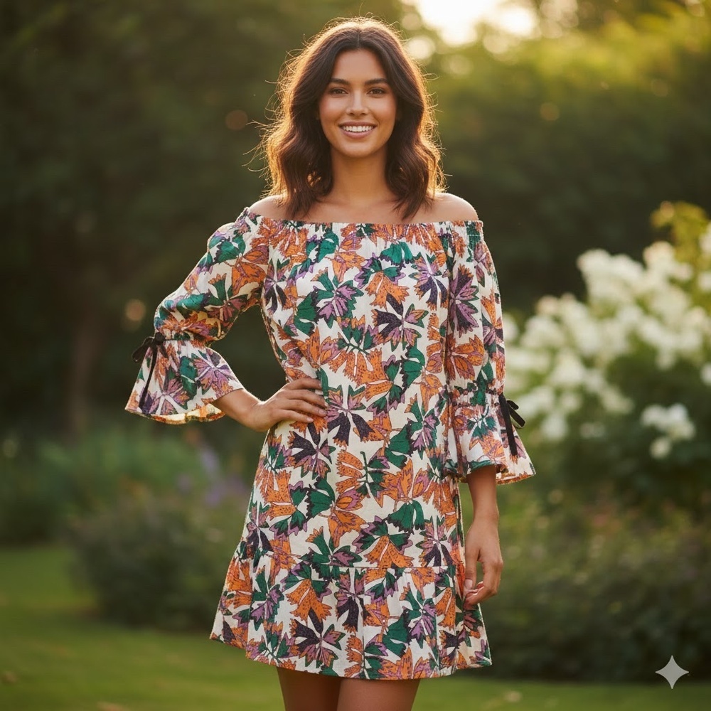 Lis Lareida Floral Print Off Shoulder Bell Sleeve Flounce Hem Tori Dress 38 or M